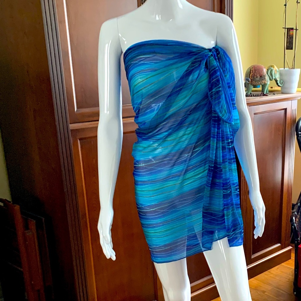 Blue & green sheer beach pareo swimsuit bikini cover-up gold sparkling stripes